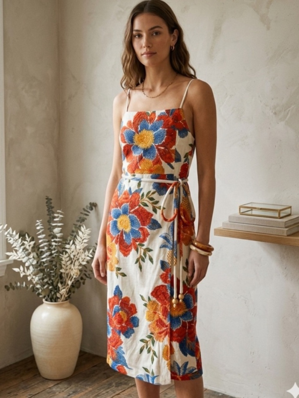 FARM Rio Pineapple Flowers Linen Blend Midi Dress NWT Size XXS